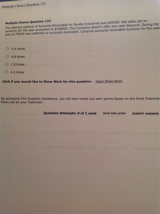  Multiple Choice Question 133 Multiple Choice Question 133 The opening balance