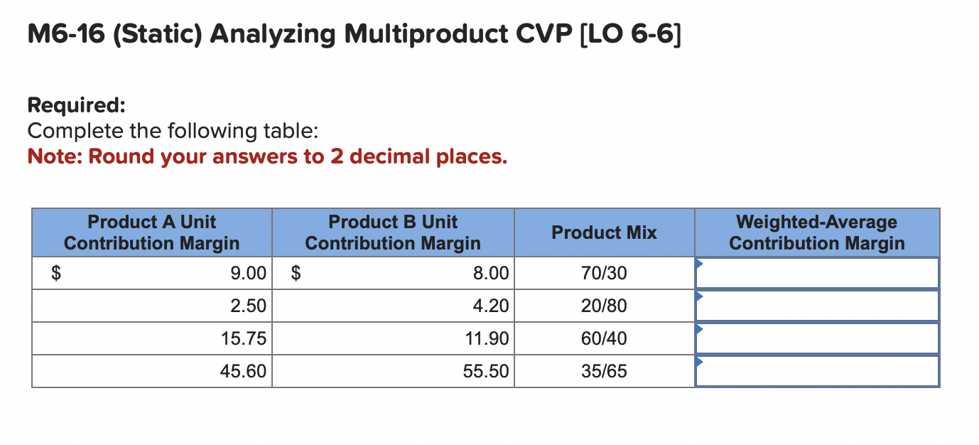  M6-16(Static) Analyzing Multiproduct CVP [LO 6-6] Required: Complete the following t