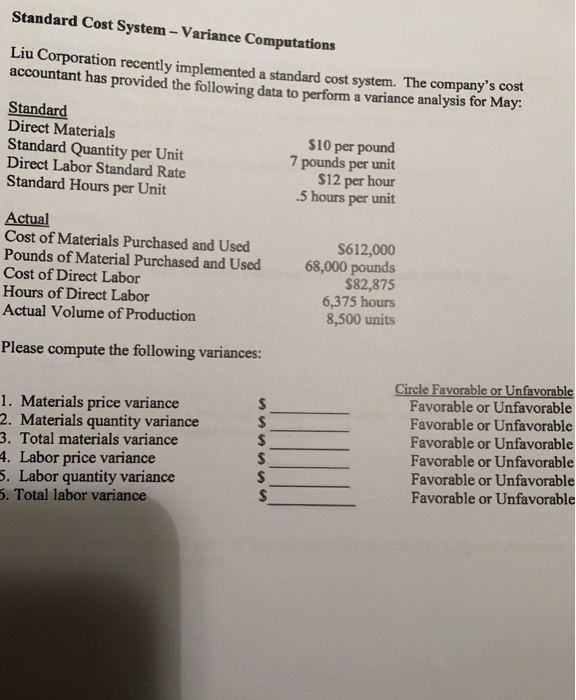  Standard Cost System- Variance Computations Liu Corporation recently implemented a standard