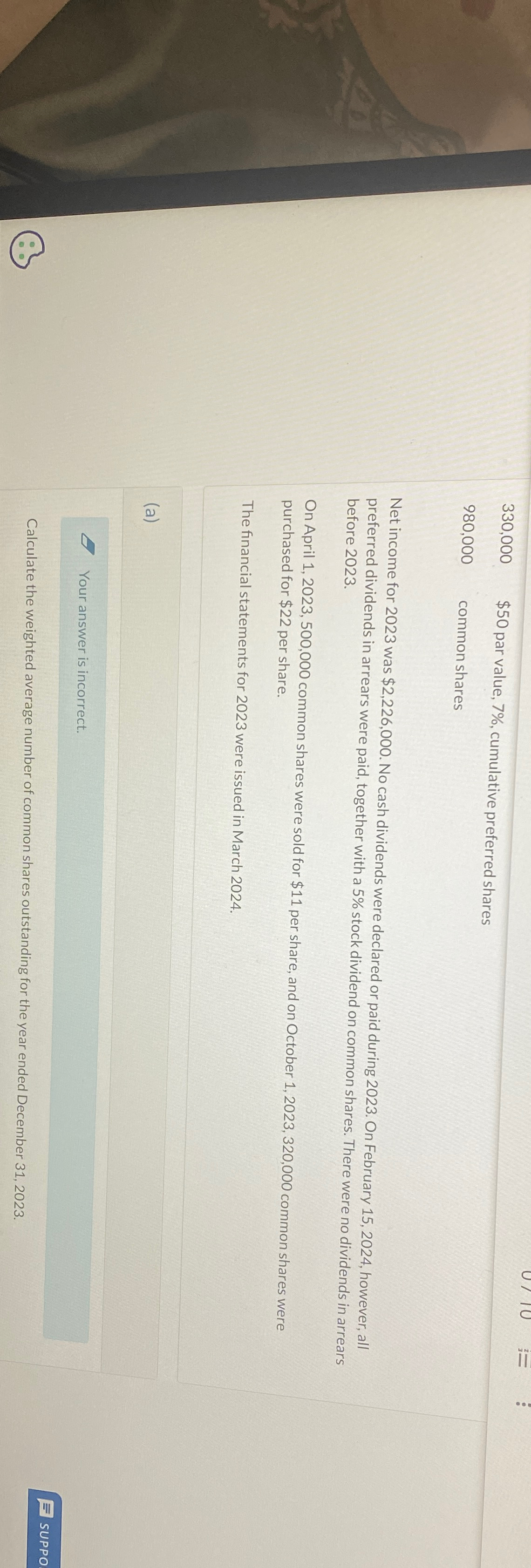  330,000$50 par value, 7%, cumulative preferred shares 980,000 commonshares Net income