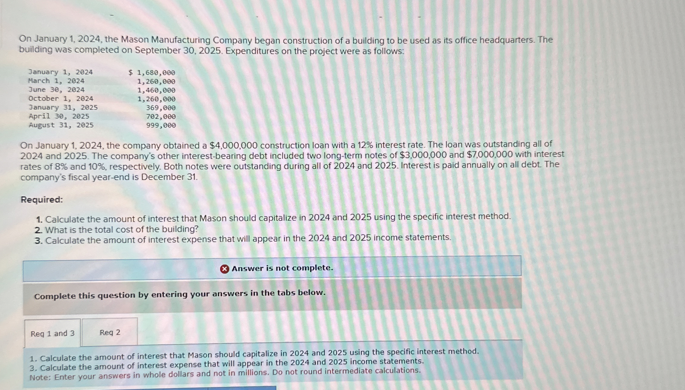  On January 1,2024, the Mason Manufacturing Company began construction of a