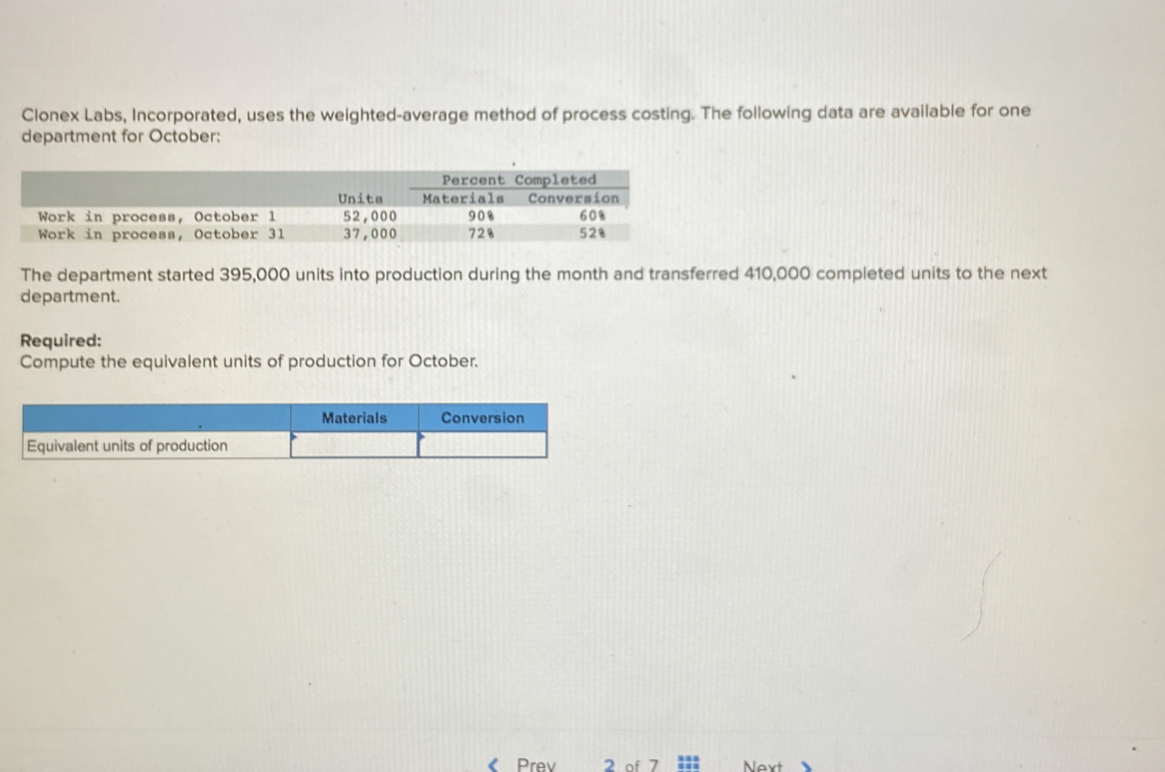  Clonex Labs, Incorporated, uses the weighted-average method of process costing. The