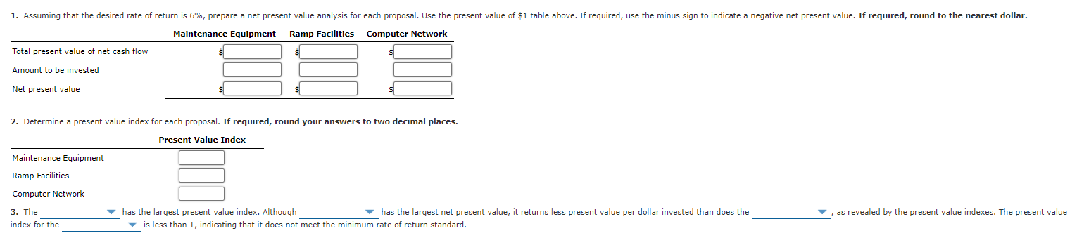 service company Continental Railroad Company is evaluating three capital investment proposals by