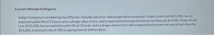  Current Attempt in Progress Indigo Company is considering two different, mutually
