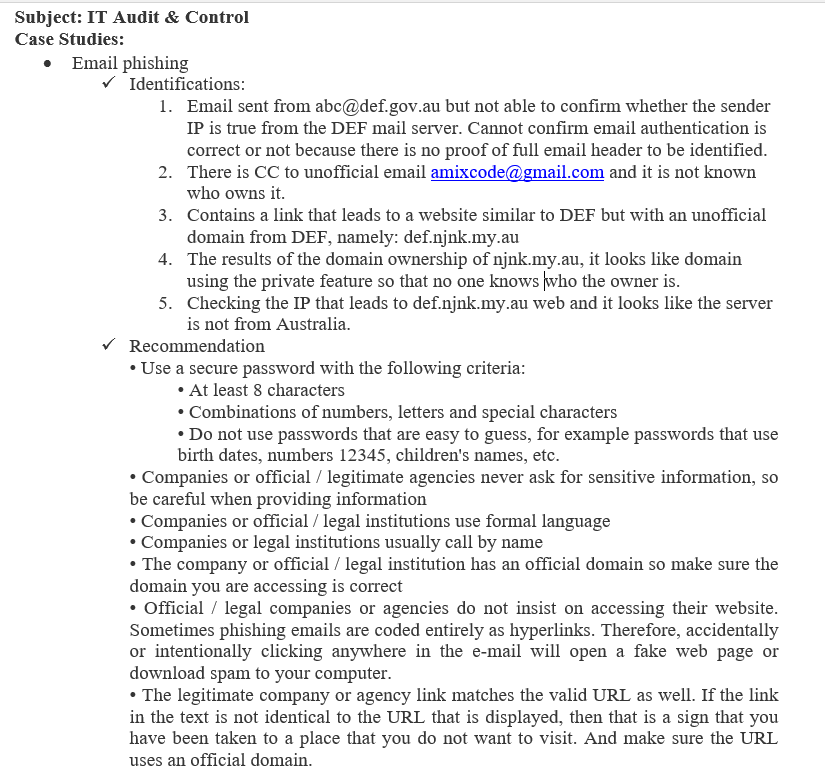  Subject: IT Audit & Control Case Studies: Email phishing Identifications: 1.