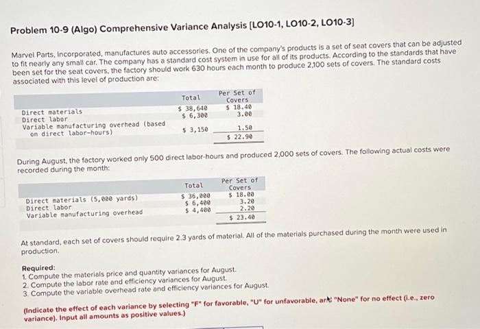  Problem 10-9 (Algo) Comprehensive Variance Analysis (LO10-1, LO10-2, LO10-3) Marvel Parts,