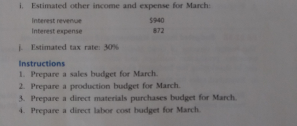 in developing the budgeted income statement for March: a. Estimated sales for