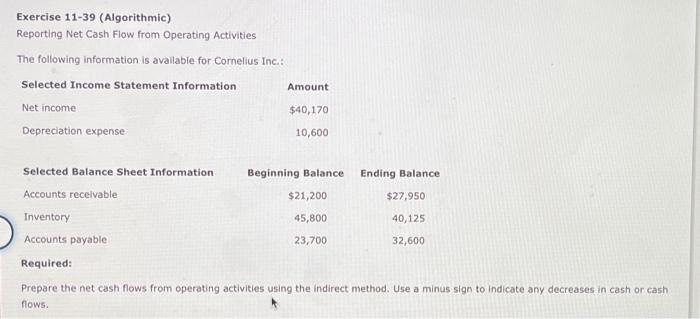  please answer all of question Exercise 11-39 (Algorithmic) Reporting Net Cash