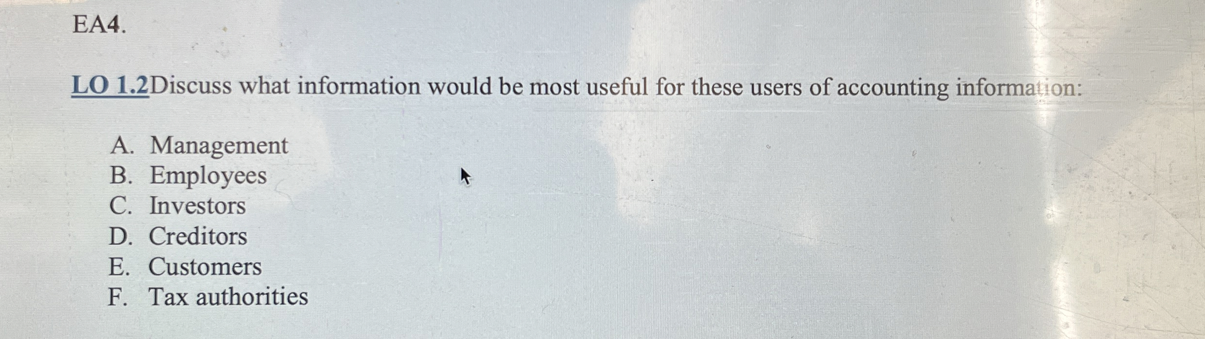  EA4. LO 1.2 Discuss what information would be most useful for