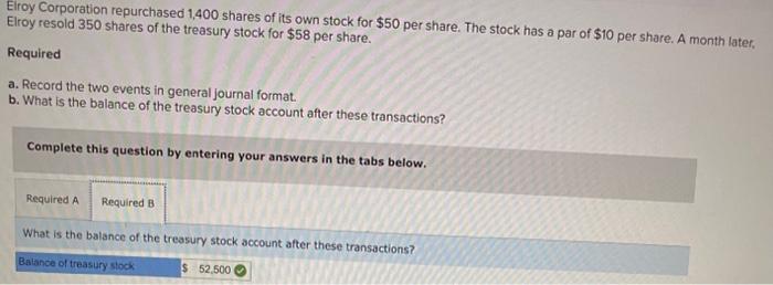 you! Elroy Corporation repurchased 1,400 shares of its own stock for $50