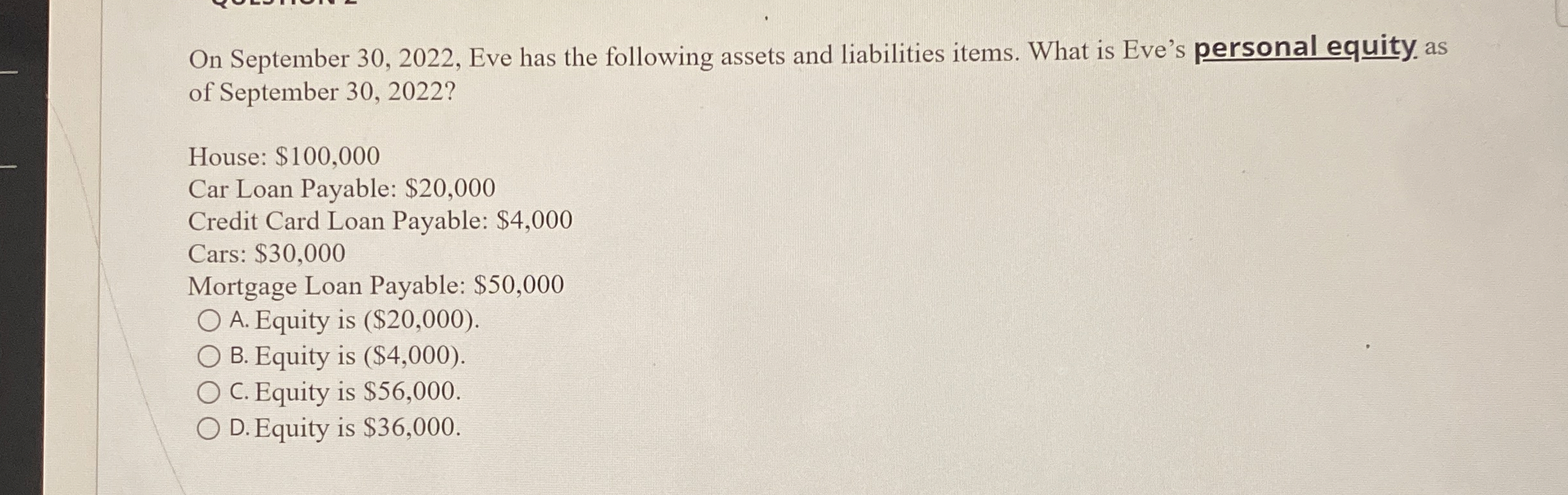  On September 30,2022, Eve has the following assets and liabilities items.