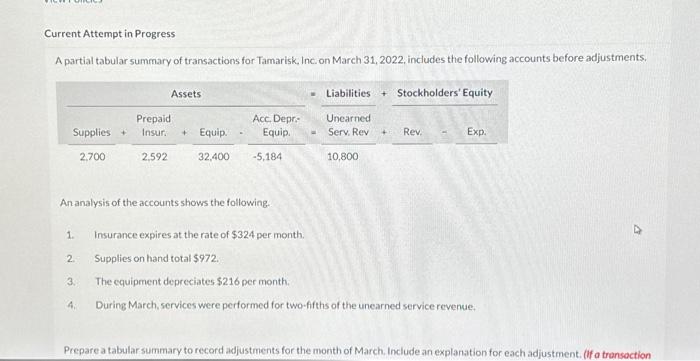  Prepare a tabular summary to record adjustments for the month of