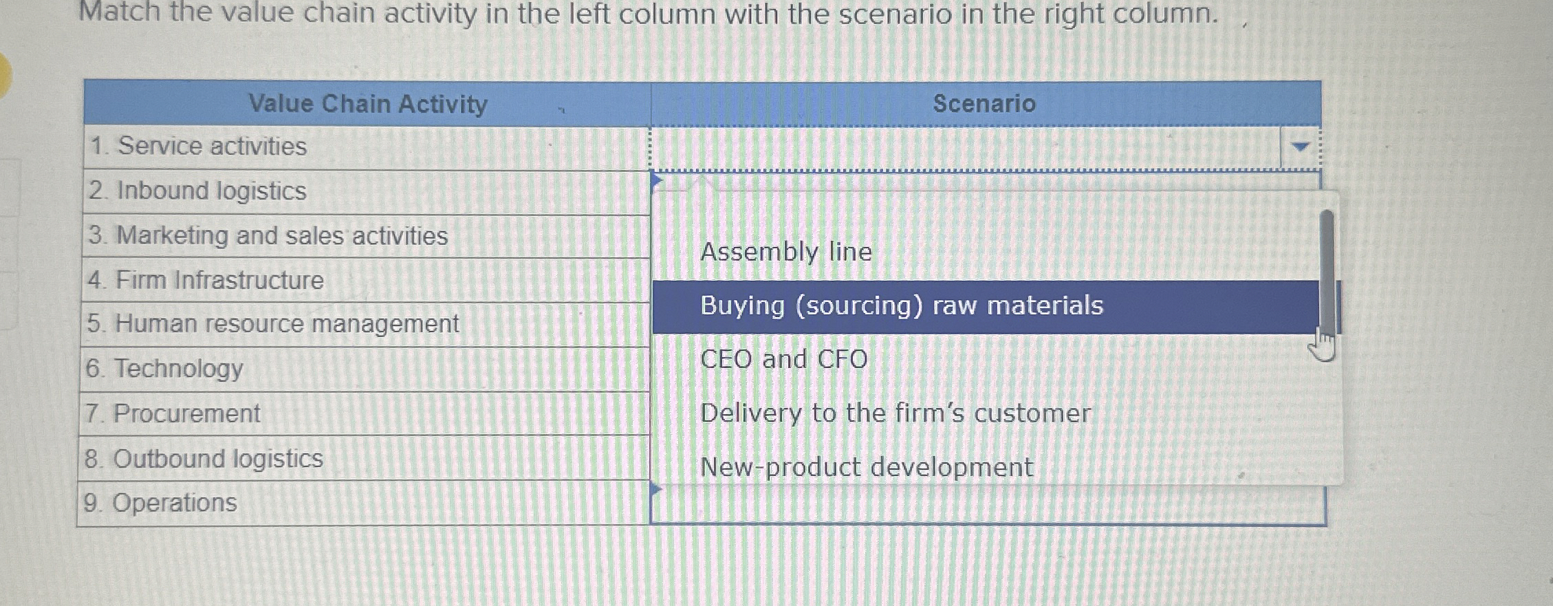  PR 1-4(LO 1-4) Match the value chain activity in the left