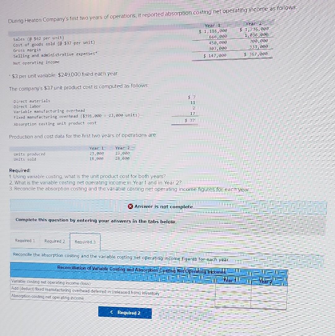 first two years of operations, it reported absorption costing net operating income