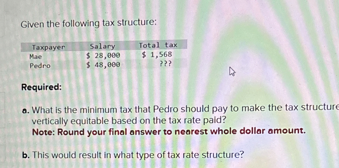  Given the following tax structure: \table[[Taxpayer,Salary,Total tax],[Mae,$28,000,$1,568 