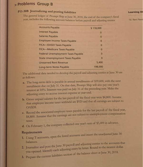  > Problems Group B P11-30B Journalizing and posting liabilities The general