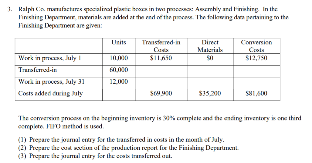 3. Ralph Co. manufactures specialized plastic boxes in two processes: Assembly