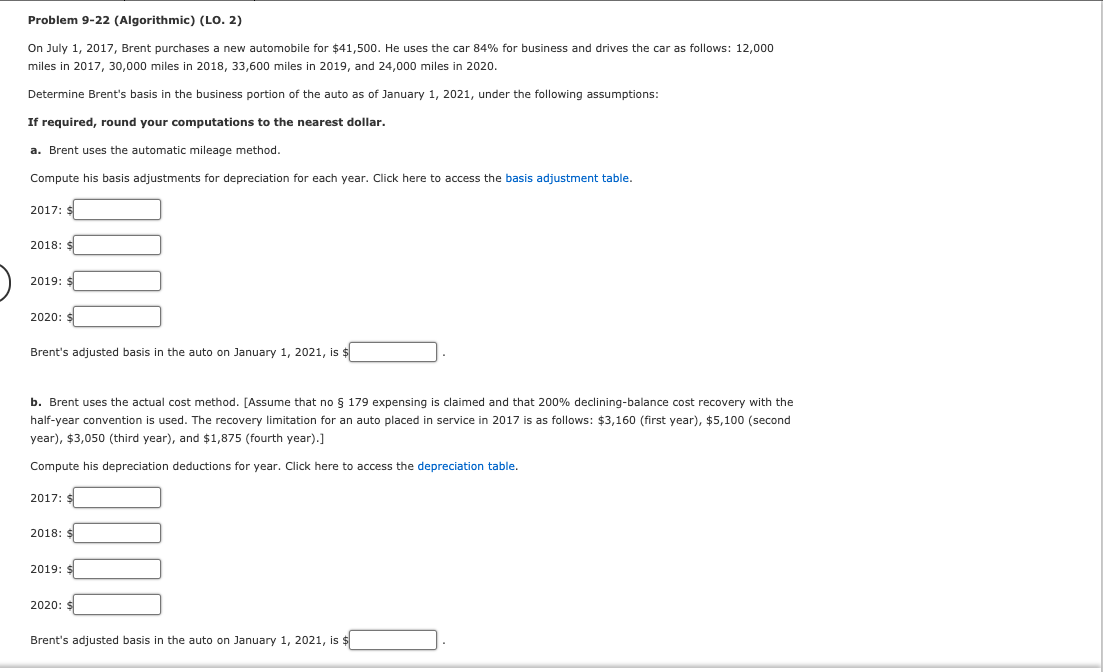 Problem 9-22 (Algorithmic) (LO. 2) On July 1, 2017, Brent purchases