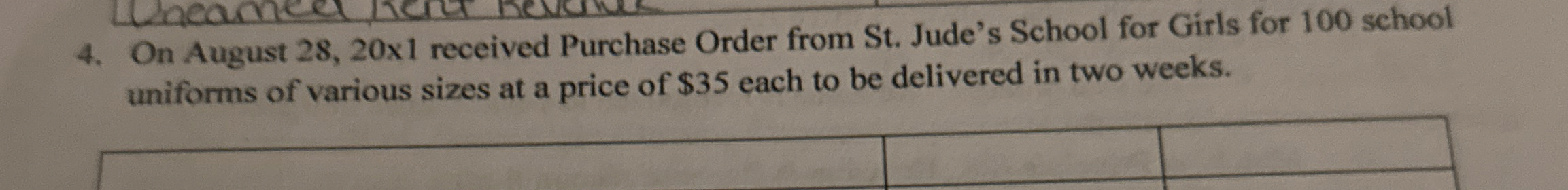  On August 28,20x1 received Purchase Order from St. Jude's School for