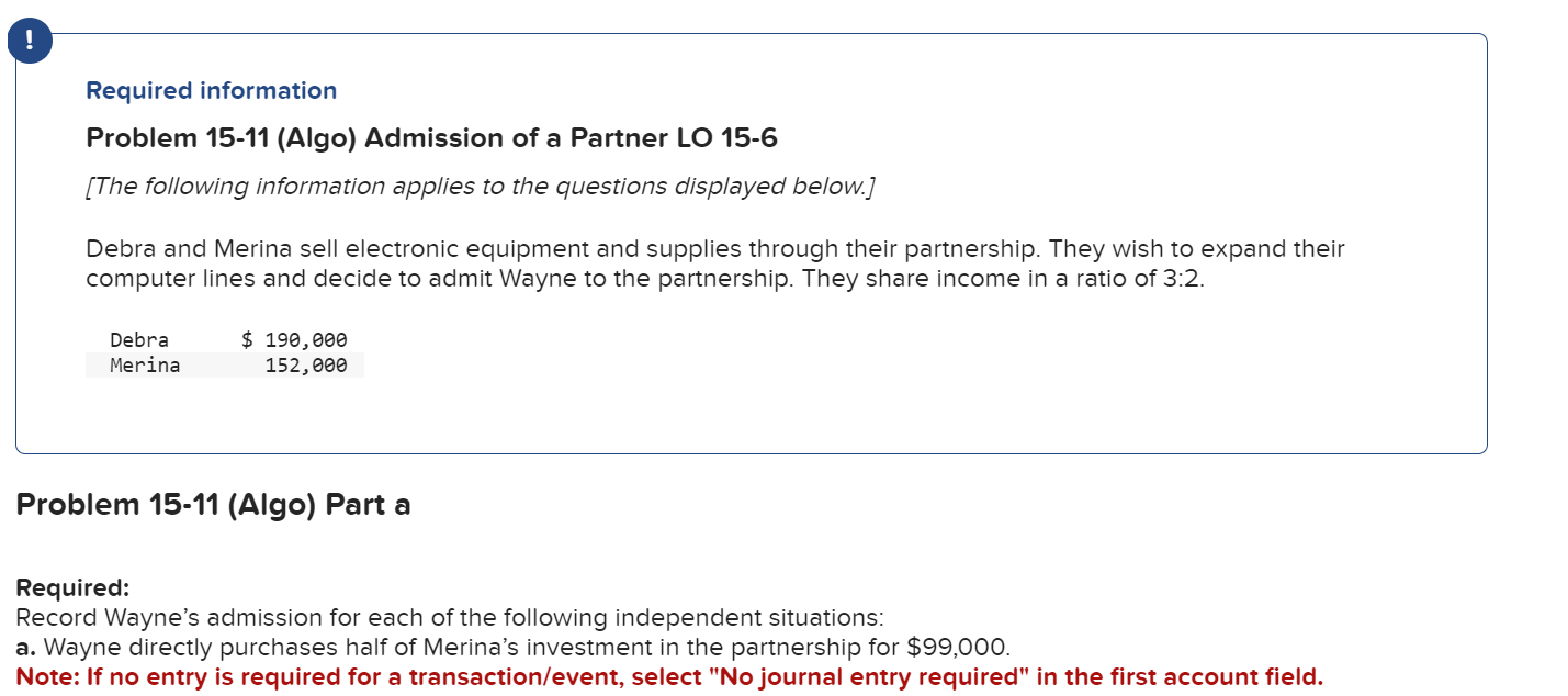  ! Required information Problem 15-11(Algo) Admission of a Partner LO 15-6