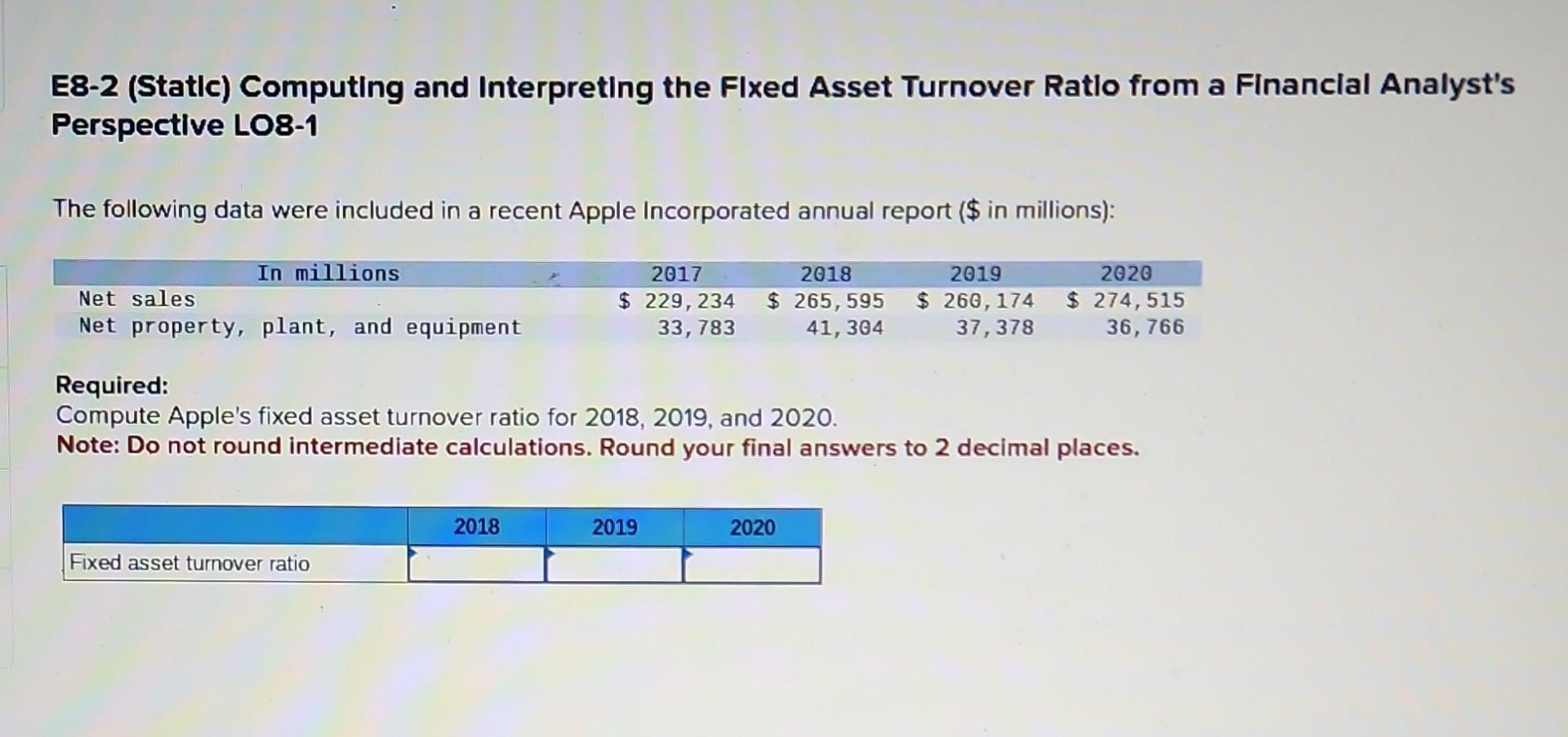 E8-2 (Static) Computing and Interpreting the Fixed Asset Turnover Ratlo from