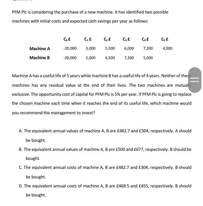 Please help with this multiple choice question PFM Plc is considering the