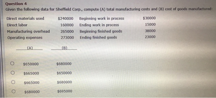  Question 4 Given the following data for Sheffield Corp., compute (A)