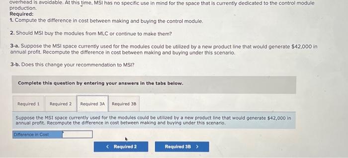 the space that is currently dedicated to the control module production. Required: