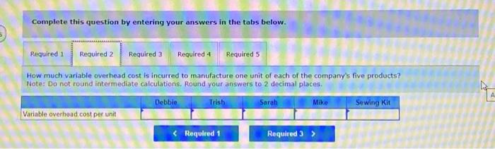 to manufacture one unit of each of the company's five products? Note: