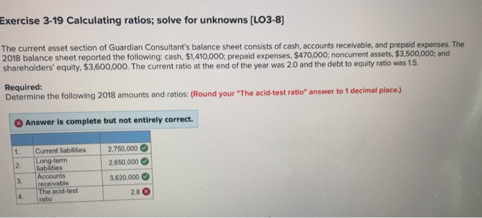  Exercise 3-19 Calculating ratios; solve for unknowns [LO3-8) The current asset