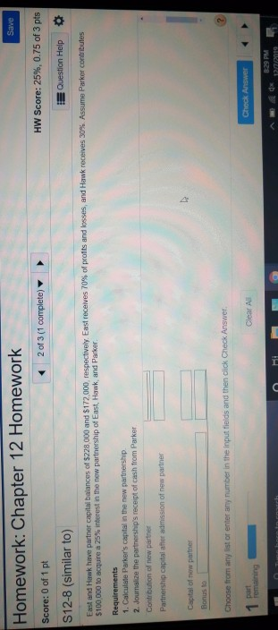 pt 2 of 3 (1 complete) S12-8 (similar to) HW Score: 25%,