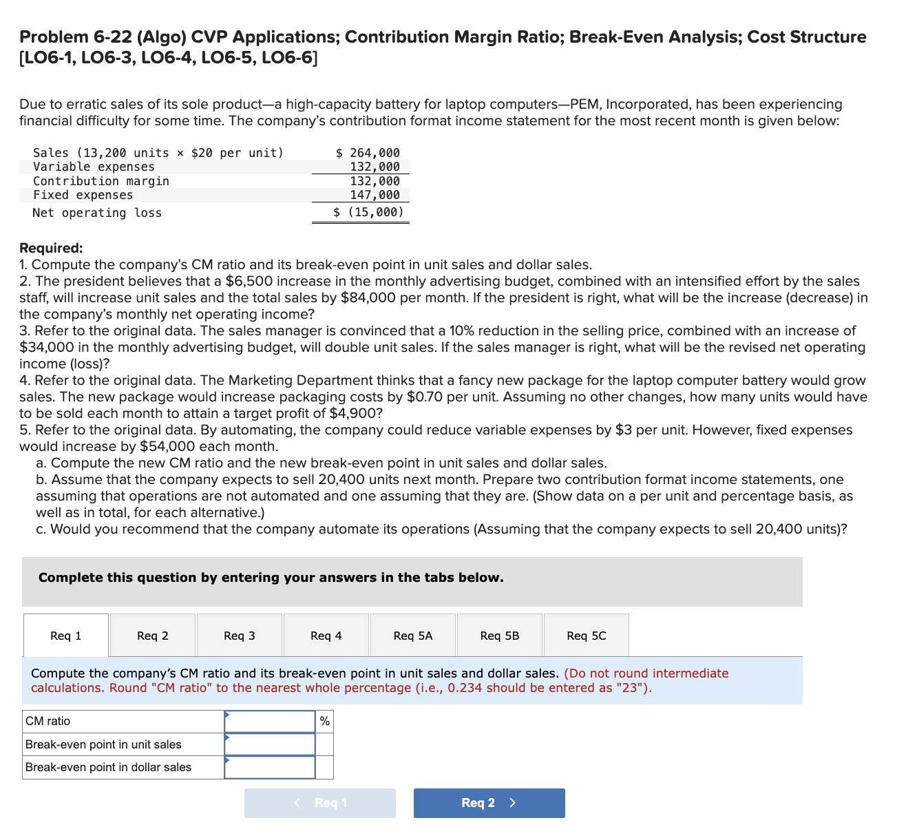  Problem 6-22(Algo) CVP Applications; Contribution Margin Ratio; Break-Even Analysis; Cost Structure