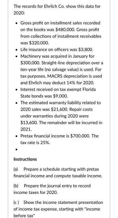  The records for Ehrlich Co. show this data for 2020: Gross