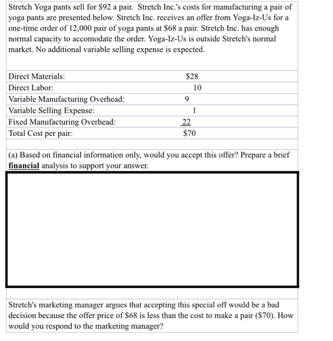 please help Stretch Yoga pants sell for $92 a pair. Stretch Inc.'s