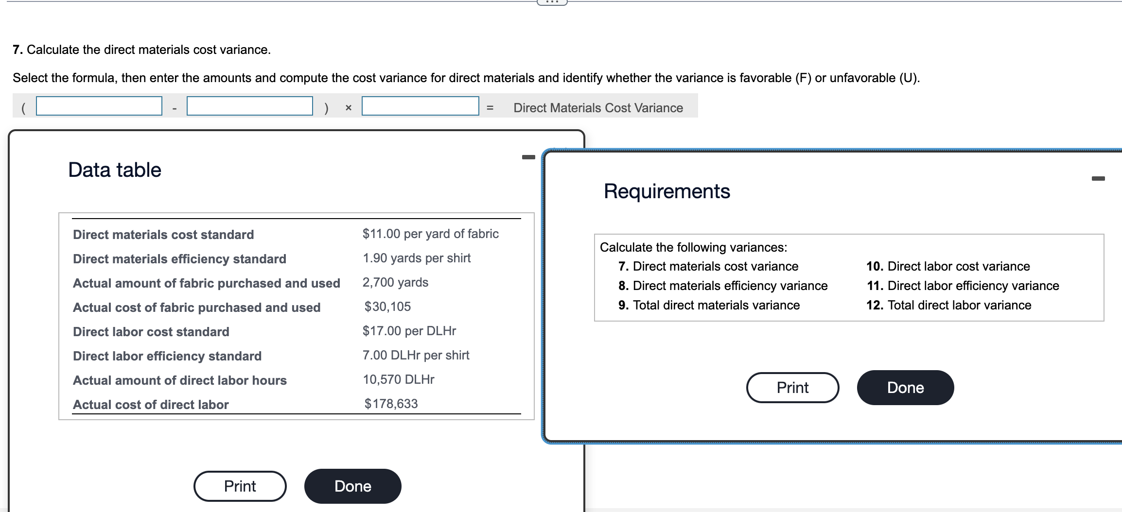  7. Calculate the direct materials cost variance. Select the formula, then