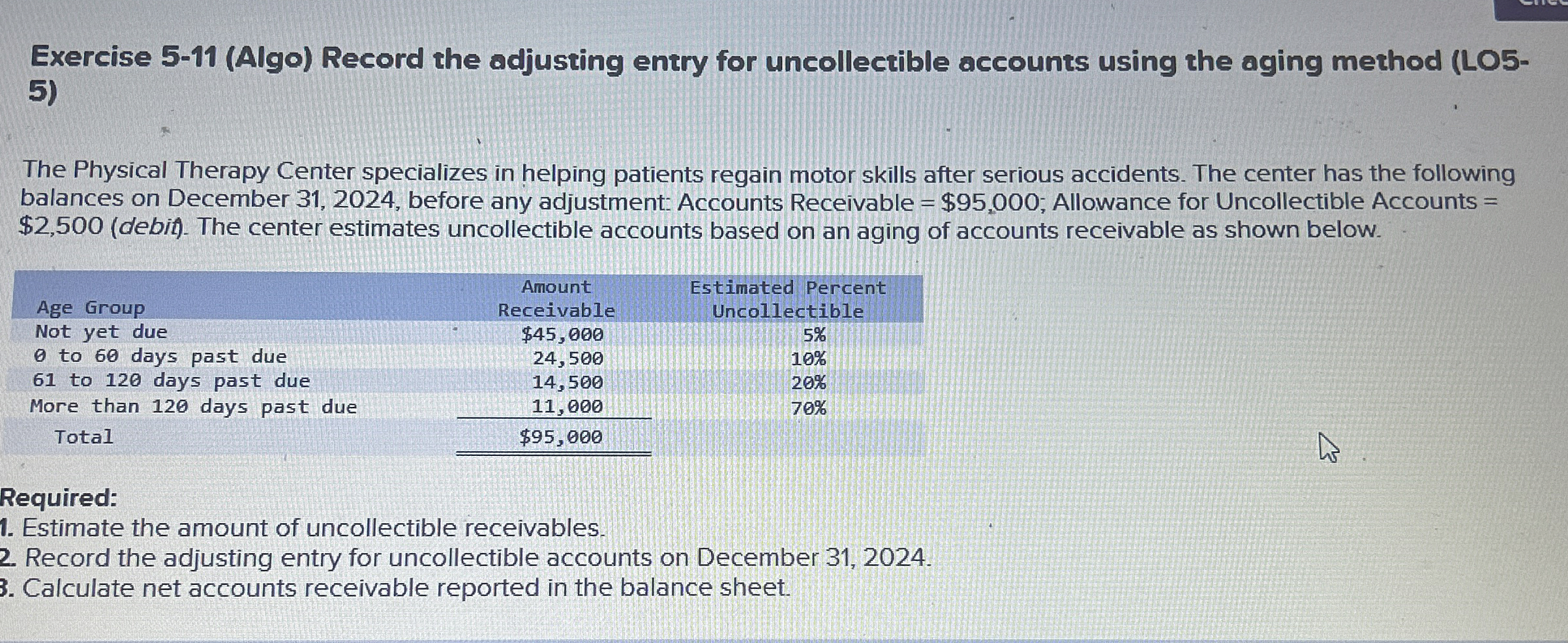  Exercise 5-11(Algo) Record the adjusting entry for uncollectible accounts using the