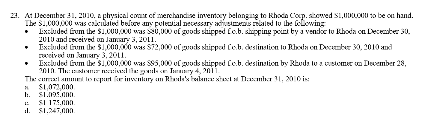  At December 31,2010, a physical count of merchandise inventory belonging to