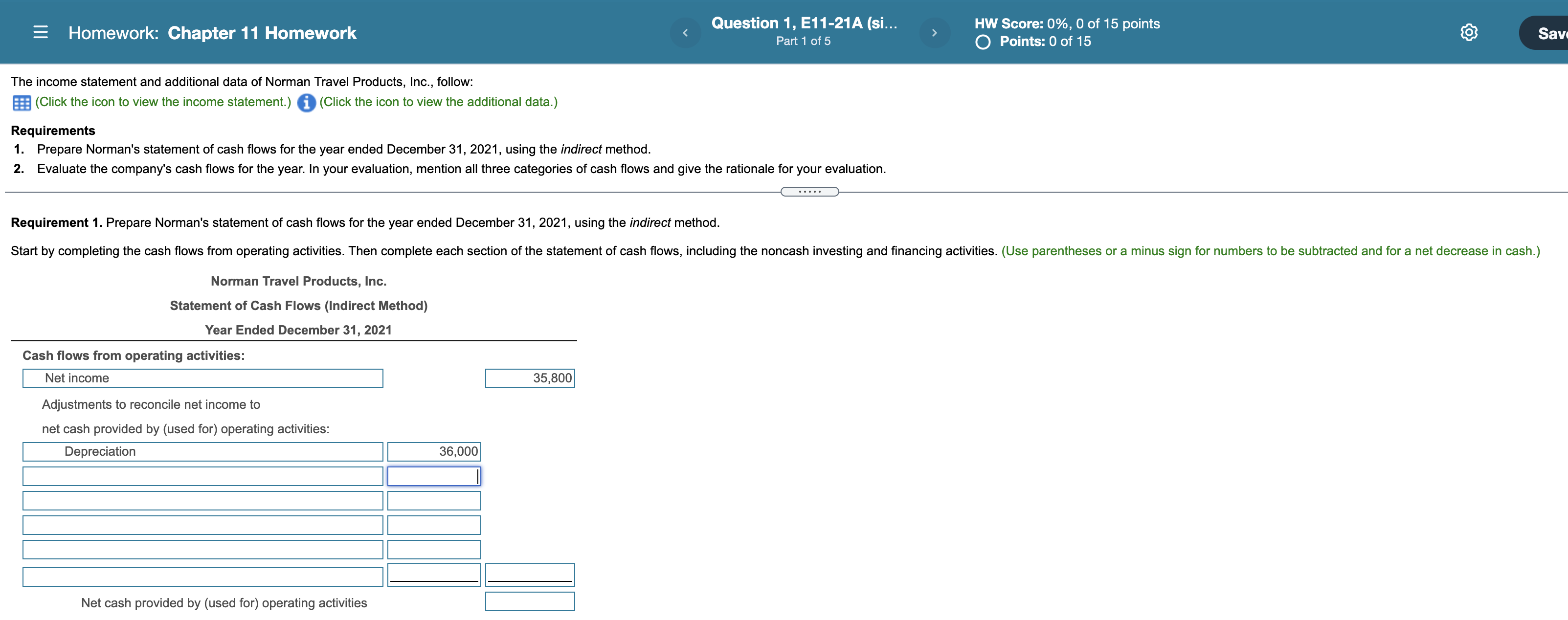  = Homework: Chapter 11 Homework Question 1, E11-21A (si... Part 1