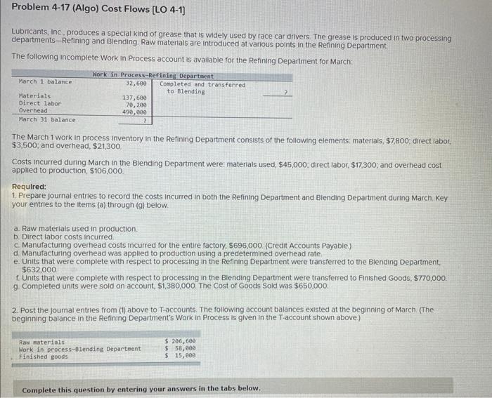 can you hep me solve this problem please. Problem 4-17 (Algo) Cost