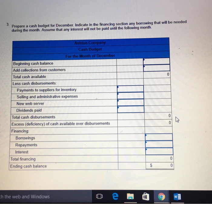 a December cash budget for Ashton Company, a distributor of exercise equipment.