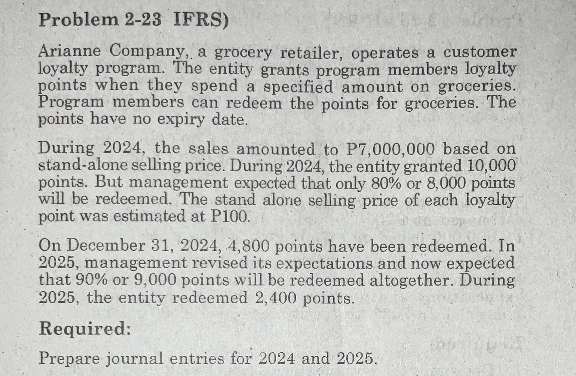  Problem 2-23 IFRS) Arianne Company, a grocery retailer, operates a customer
