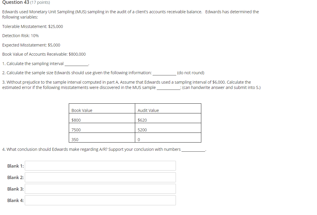 Will review for a correct answer, thanks! Question 43 (17 points)