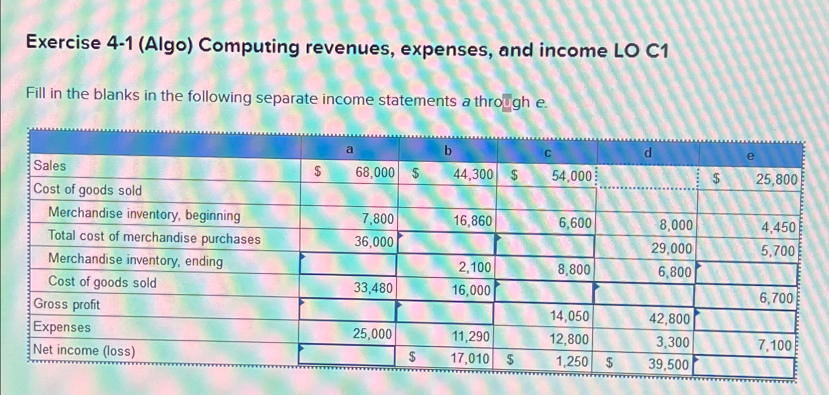  Exercise 4-1(Algo) Computing revenues, expenses, and income LO C1 Fill in