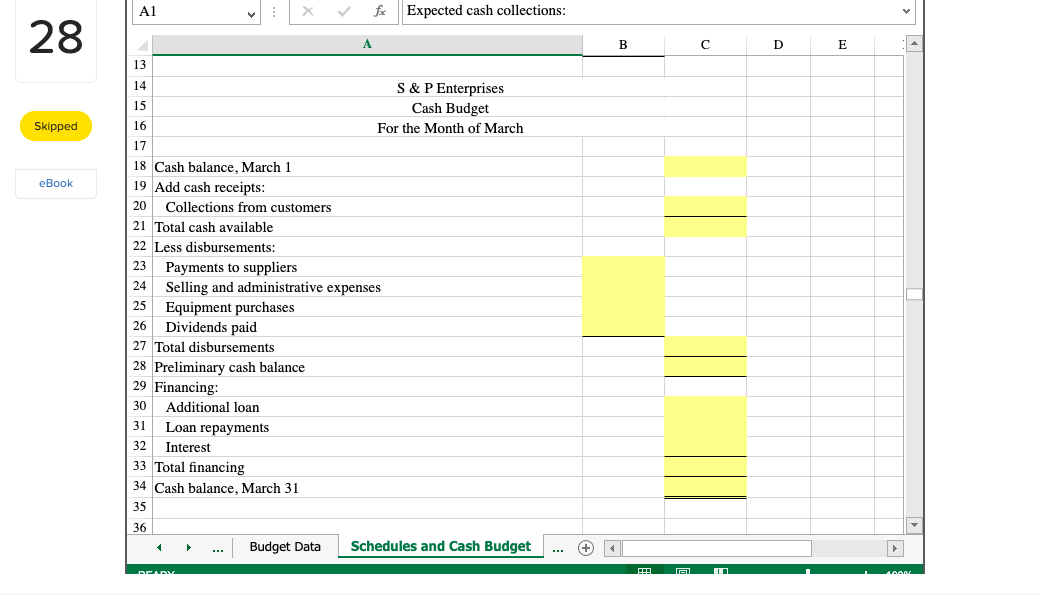 Clipboard G Calibri Cash Budget with Supporting Cash Collections and Disbursements Schedules