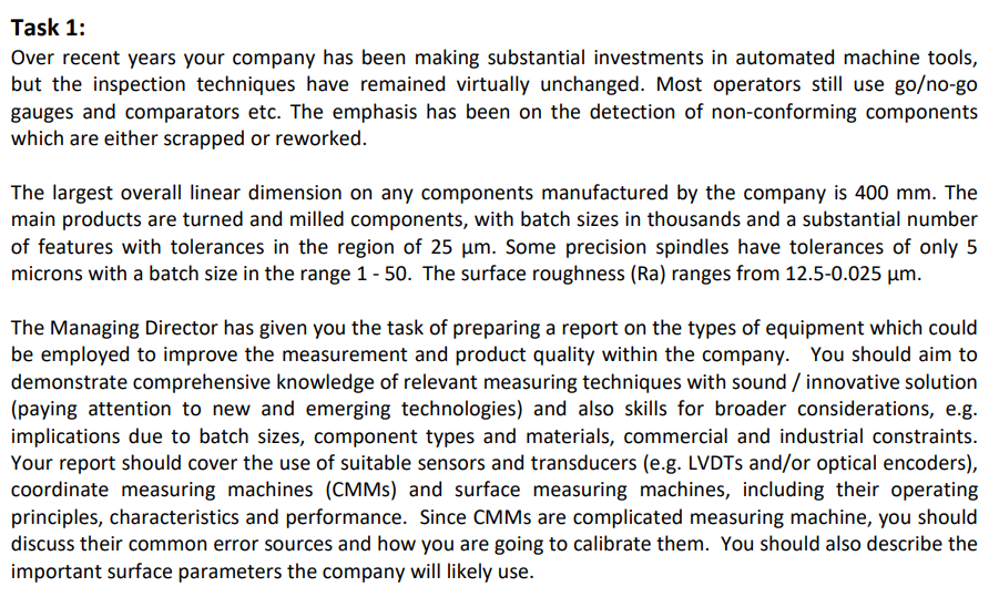 for task 1 identify the suitable (measurement) solutions with an understanding of