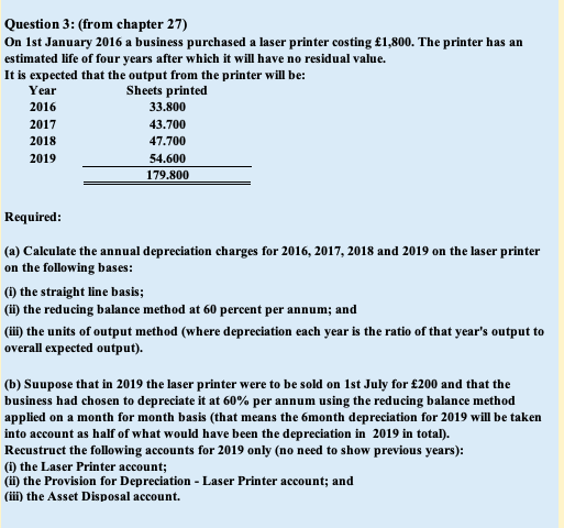  Question 3: (from chapter 27) On 1st January 2016 a business