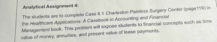  Analytical Assignment 4: The students are to complete Case 6.1 Charleston