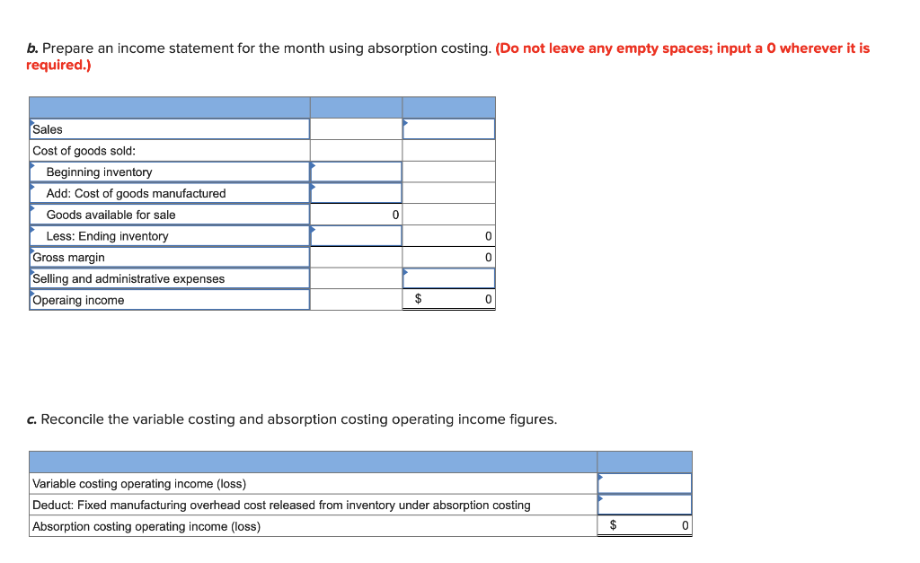  b. Prepare an income statement for the month using absorption costing.