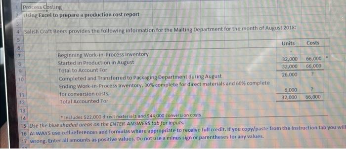  Using Excel to prepare a production cost report Salish Craft Beers