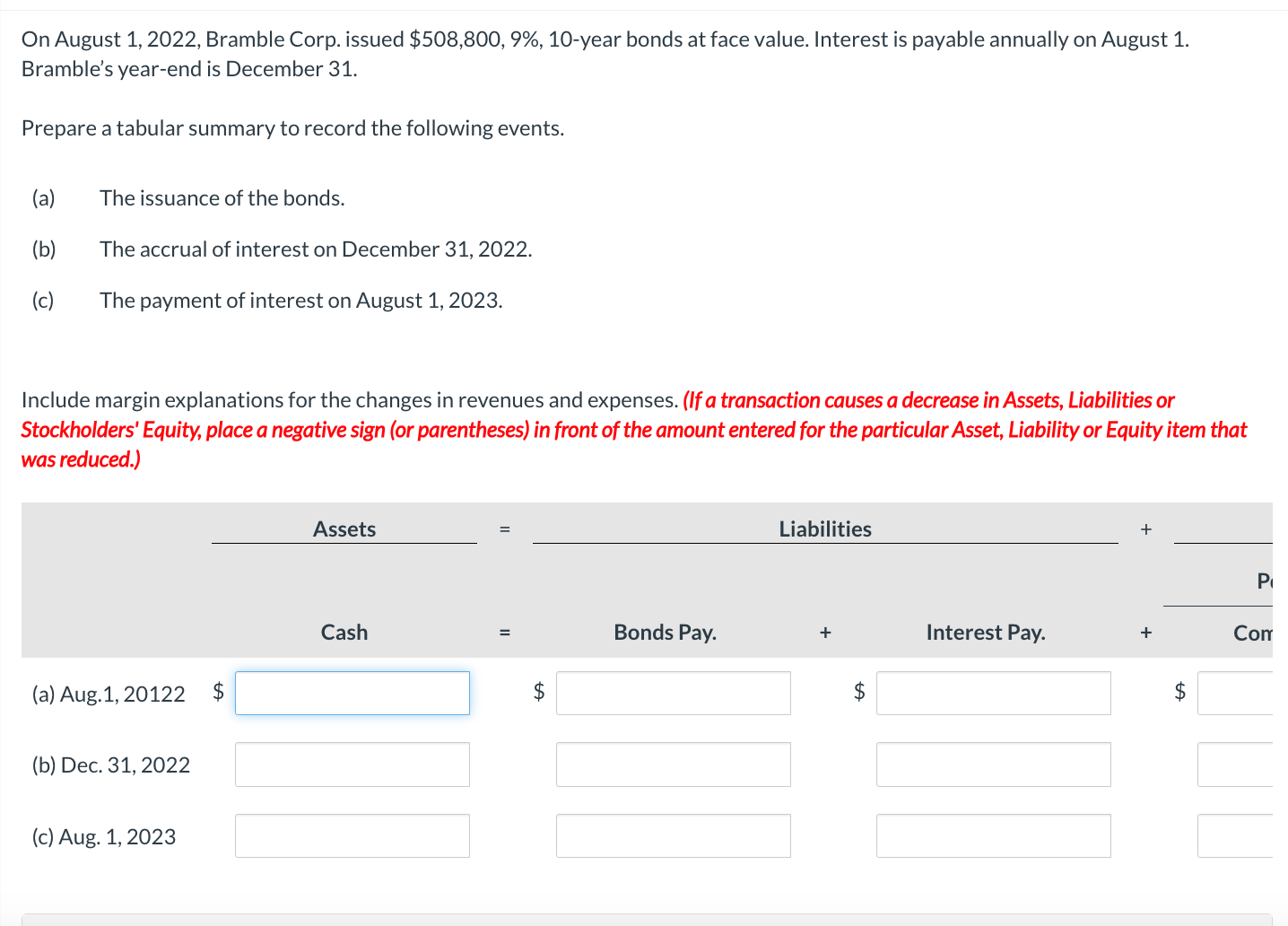  On August 1,2022, Bramble Corp. issued $508,800,9%,10-year bonds at face value.